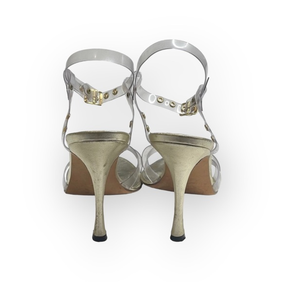 Manolo Blahnik 𖦹 Clear PVC Vinyl Ankle Strap Stiletto Heels Sandals 𖦹 Gold 𖦹 - Picture 3 of 16